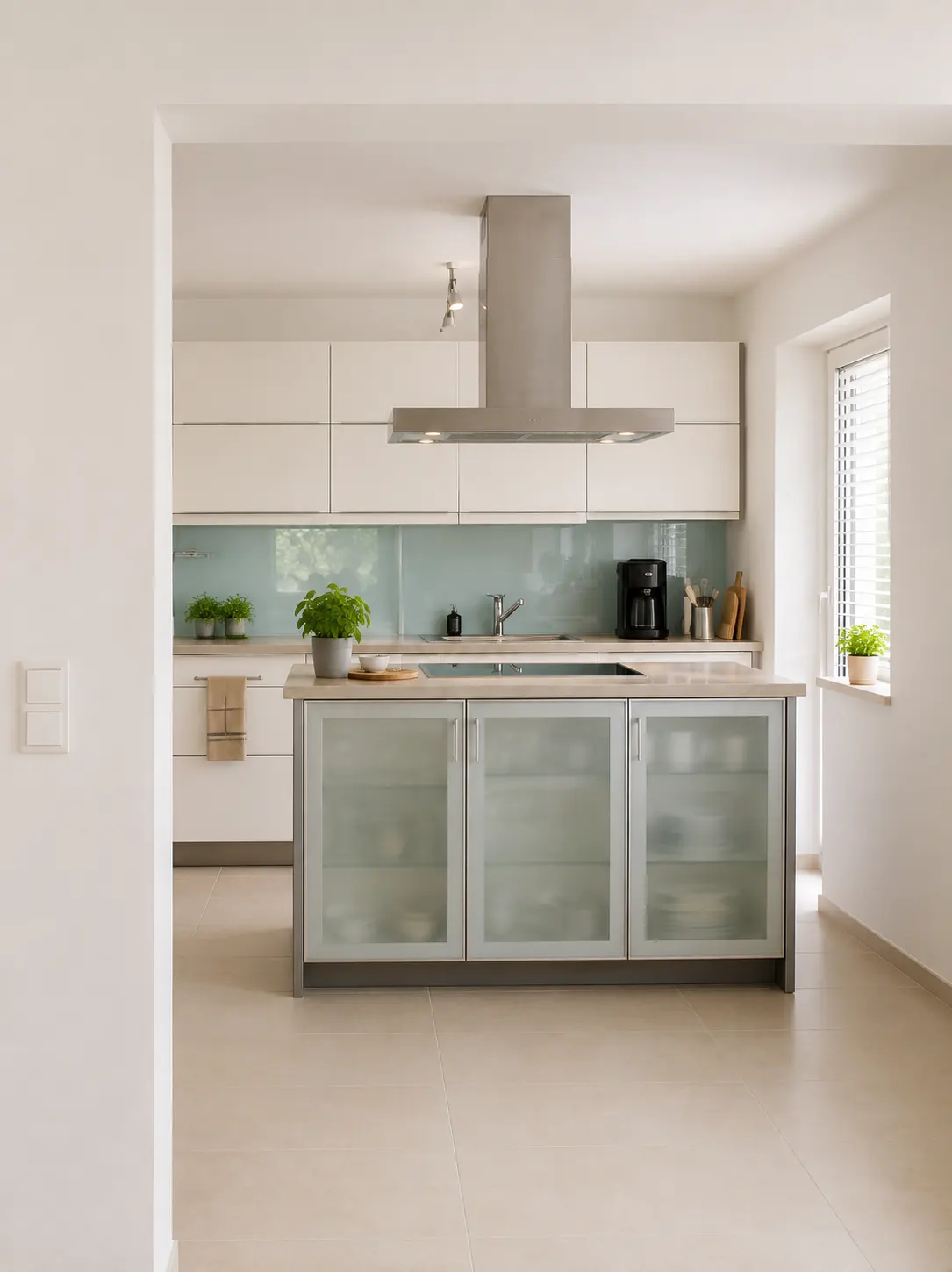 Geöffnete Tür, Blick in ein lichtdurchflutetes Architekturbüro mit Zeichentisch und Regalen