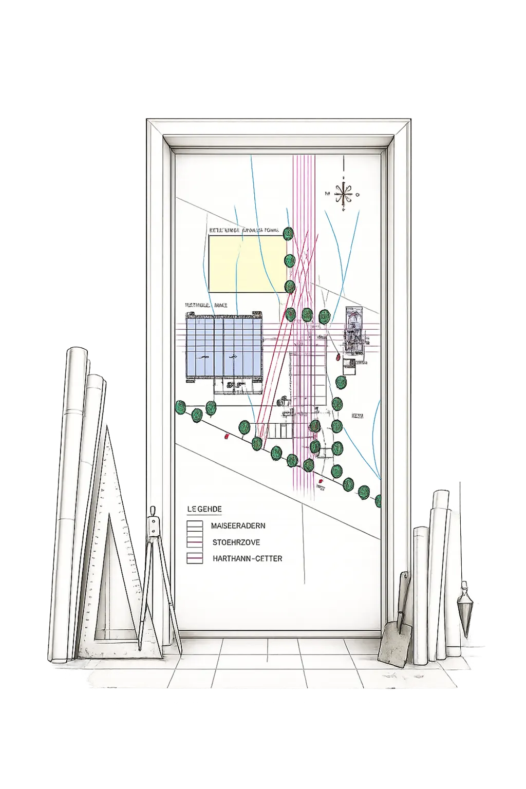 Geöffnete Tür, Blick in ein lichtdurchflutetes Architekturbüro mit Zeichentisch und Regalen